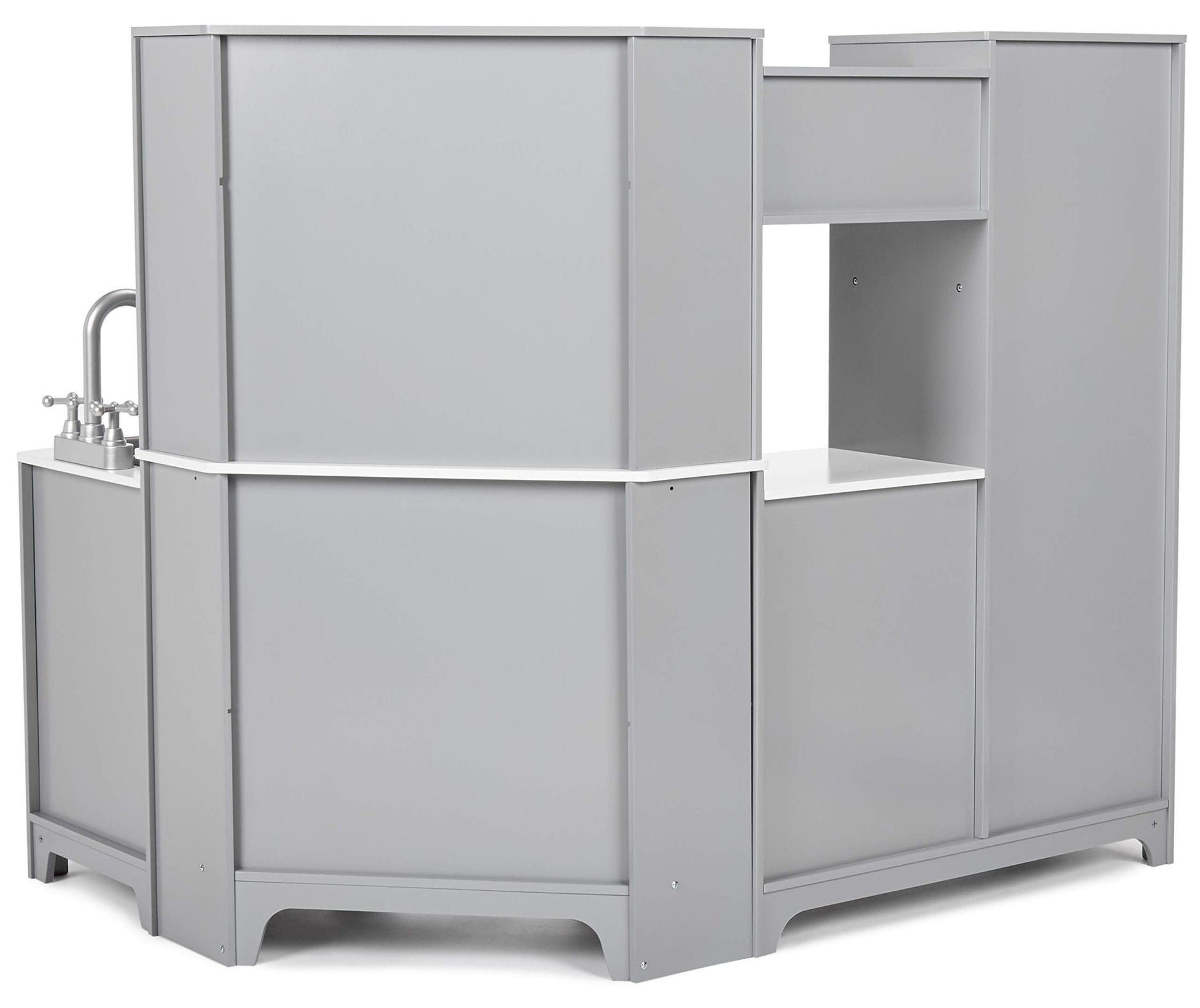 Amazon Basics Kids Corner Wooden Kitchen Toy Playset with Stove, Oven, Sink, Fridge and Accessories, for Toddlers, Preschoolers, Children Age 3+ Years, White & Gray, 39.37"L x 28.35"W x 35.04"H - 7DAY'S