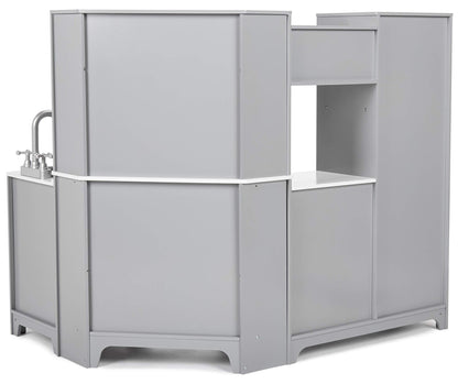 Amazon Basics Kids Corner Wooden Kitchen Toy Playset with Stove, Oven, Sink, Fridge and Accessories, for Toddlers, Preschoolers, Children Age 3+ Years, White & Gray, 39.37"L x 28.35"W x 35.04"H - 7DAY'S