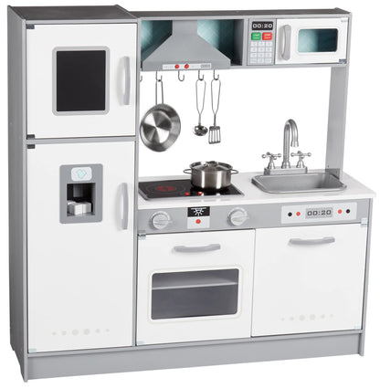 Amazon Basics Kids Corner Wooden Kitchen Toy Playset with Stove, Oven, Sink, Fridge and Accessories, for Toddlers, Preschoolers, Children Age 3+ Years, White & Gray, 39.37"L x 28.35"W x 35.04"H - 7DAY'S