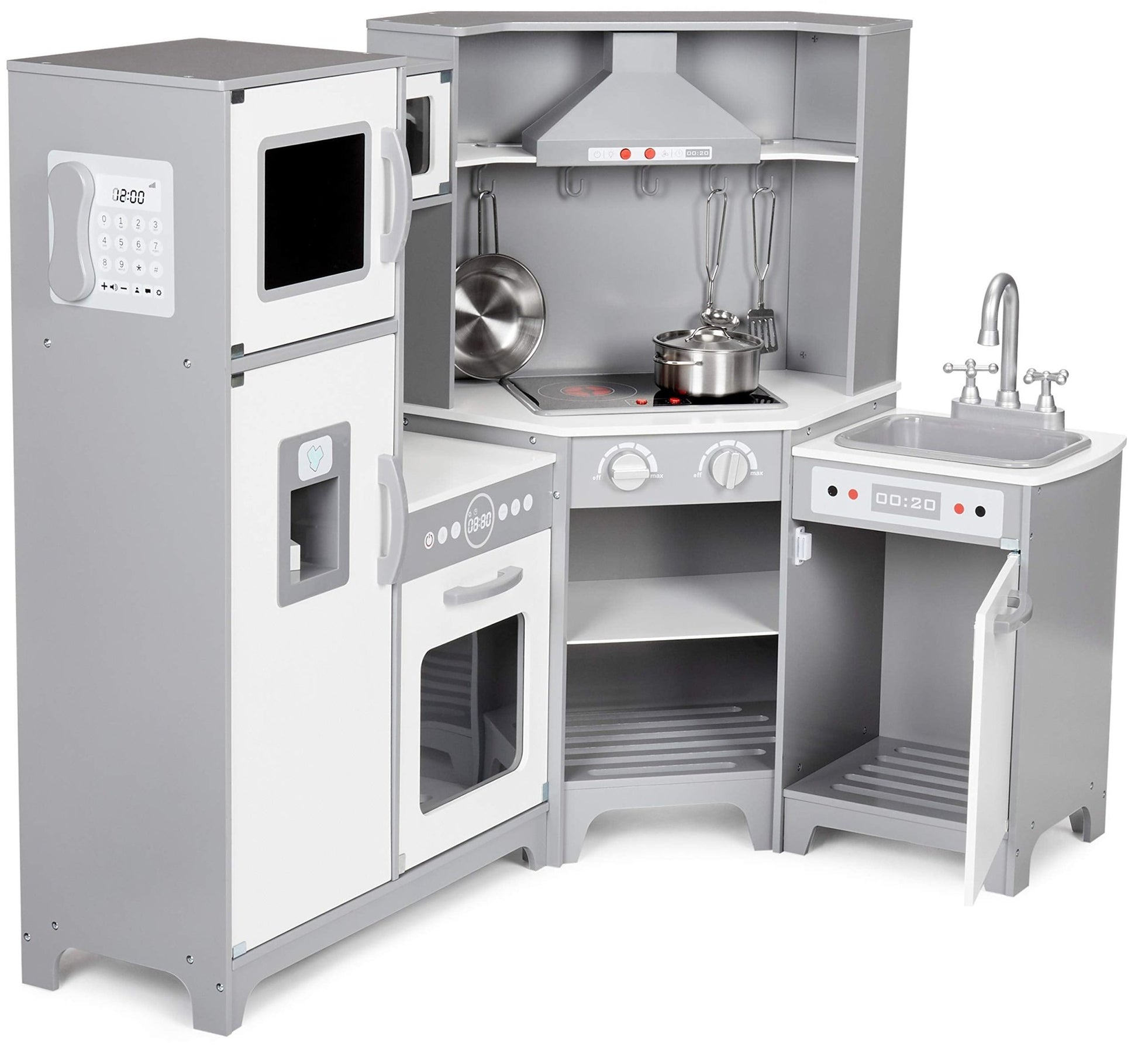 Amazon Basics Kids Corner Wooden Kitchen Toy Playset with Stove, Oven, Sink, Fridge and Accessories, for Toddlers, Preschoolers, Children Age 3+ Years, White & Gray, 39.37"L x 28.35"W x 35.04"H - 7DAY'S