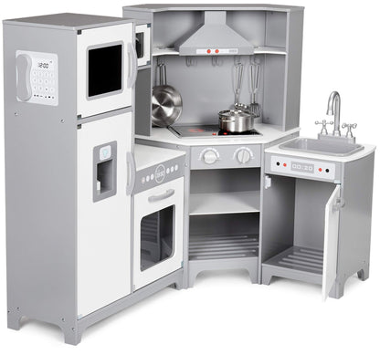 Amazon Basics Kids Corner Wooden Kitchen Toy Playset with Stove, Oven, Sink, Fridge and Accessories, for Toddlers, Preschoolers, Children Age 3+ Years, White & Gray, 39.37"L x 28.35"W x 35.04"H - 7DAY'S