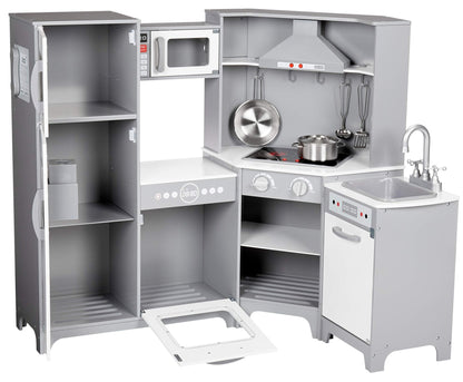 Amazon Basics Kids Corner Wooden Kitchen Toy Playset with Stove, Oven, Sink, Fridge and Accessories, for Toddlers, Preschoolers, Children Age 3+ Years, White & Gray, 39.37"L x 28.35"W x 35.04"H - 7DAY'S