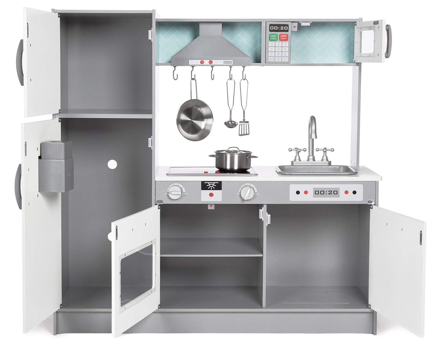 Amazon Basics Kids Corner Wooden Kitchen Toy Playset with Stove, Oven, Sink, Fridge and Accessories, for Toddlers, Preschoolers, Children Age 3+ Years, White & Gray, 39.37"L x 28.35"W x 35.04"H - 7DAY'S