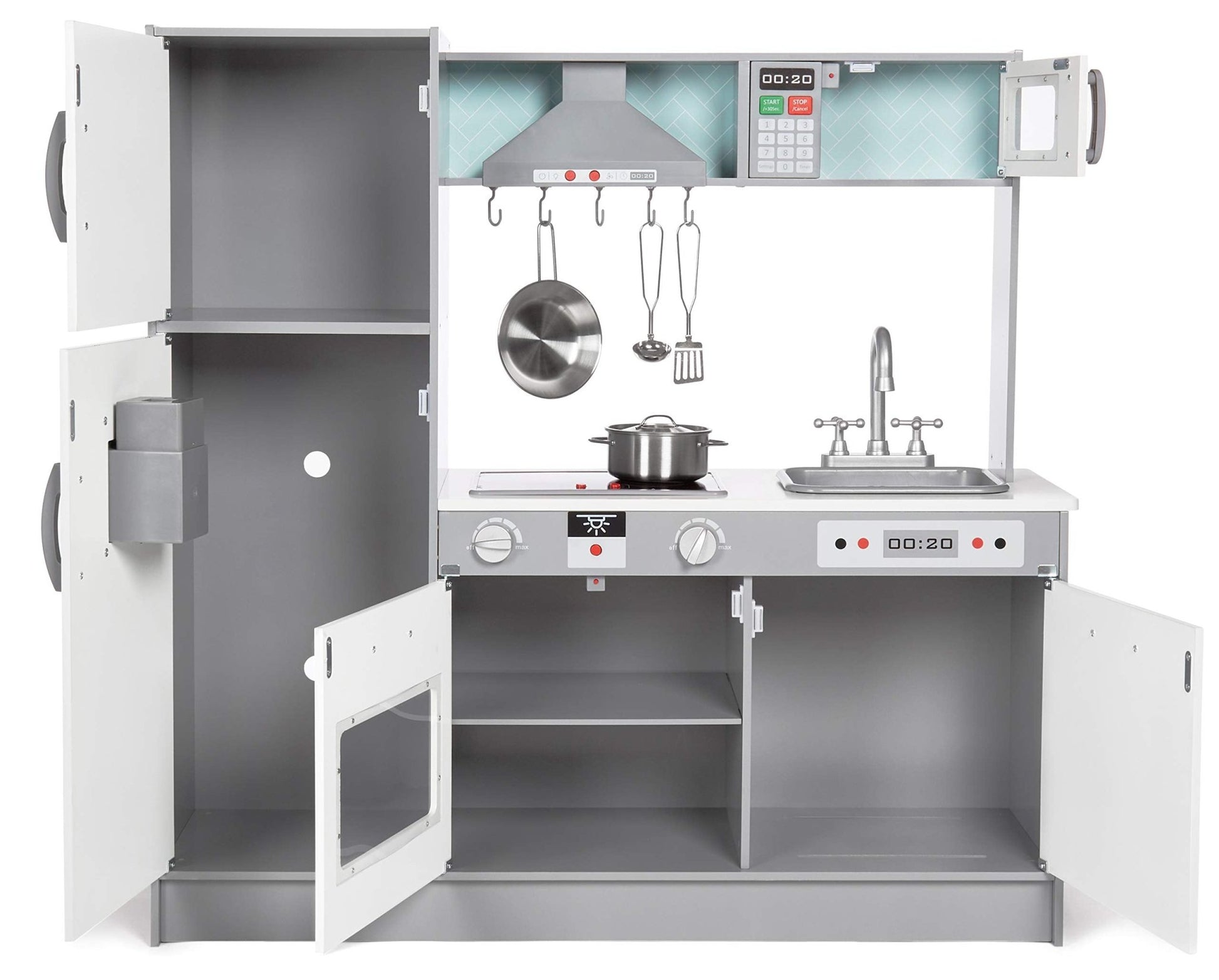 Amazon Basics Kids Corner Wooden Kitchen Toy Playset with Stove, Oven, Sink, Fridge and Accessories, for Toddlers, Preschoolers, Children Age 3+ Years, White & Gray, 39.37"L x 28.35"W x 35.04"H - 7DAY'S