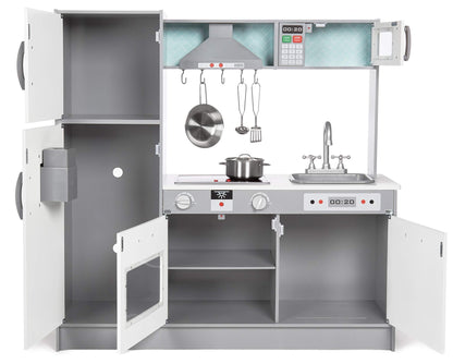 Amazon Basics Kids Corner Wooden Kitchen Toy Playset with Stove, Oven, Sink, Fridge and Accessories, for Toddlers, Preschoolers, Children Age 3+ Years, White & Gray, 39.37"L x 28.35"W x 35.04"H - 7DAY'S