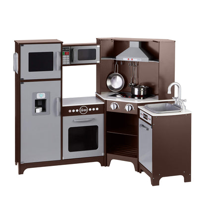 Amazon Basics Kids Corner Wooden Kitchen Toy Playset with Stove, Oven, Sink, Fridge and Accessories, for Toddlers, Preschoolers, Children Age 3+ Years, White & Gray, 39.37"L x 28.35"W x 35.04"H - 7DAY'S