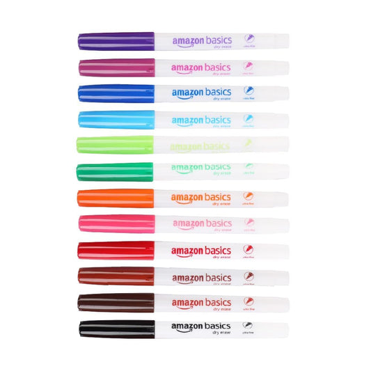 Amazon Basics Low Odor Ultra Fine Tip Dry Erase White Board Markers, Assorted Colors, 12 - Pack - 7DAY'S