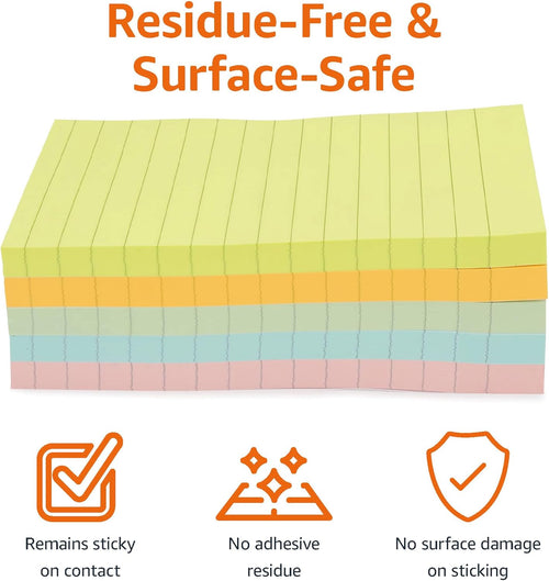 Amazon Basics Sticky Note Pads for Home and School Organization, Lined, Rectangular, 4x6, Assorted Colors, Pack of 5 - 7DAY'S