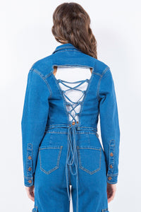 American Bazi Laced Back Cropped Denim Jacket Material composition: 70% cotton, 28% polyester, 2% spandex For the ladies - 7DAY'S