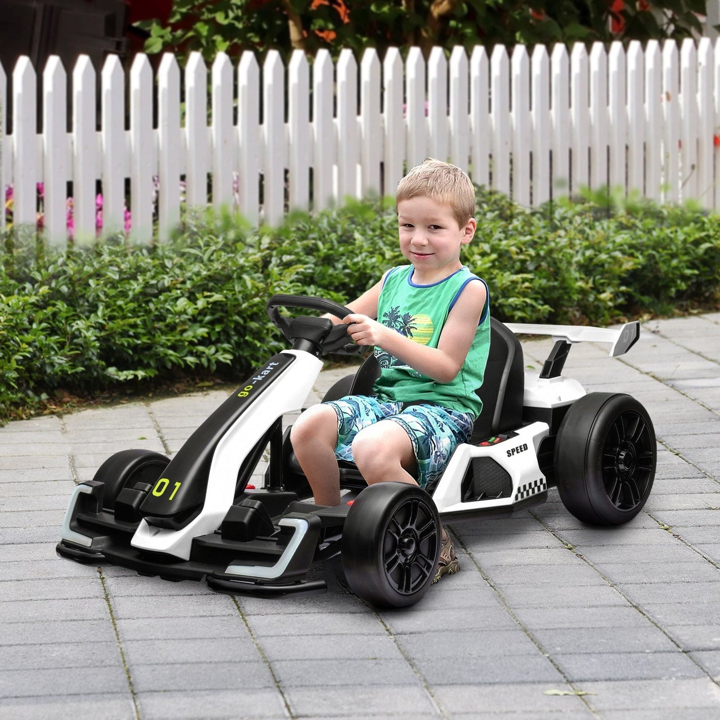 Aosom 24V 7.5 MPH Electric Go Kart with Adjustable Seat, Drifting Car Battery Powered Ride on Toy Outdoor with Slow Start, Button Start, Music, Honking Horn, Lights, for 6 - 12 Years Old, White - 7DAY'S