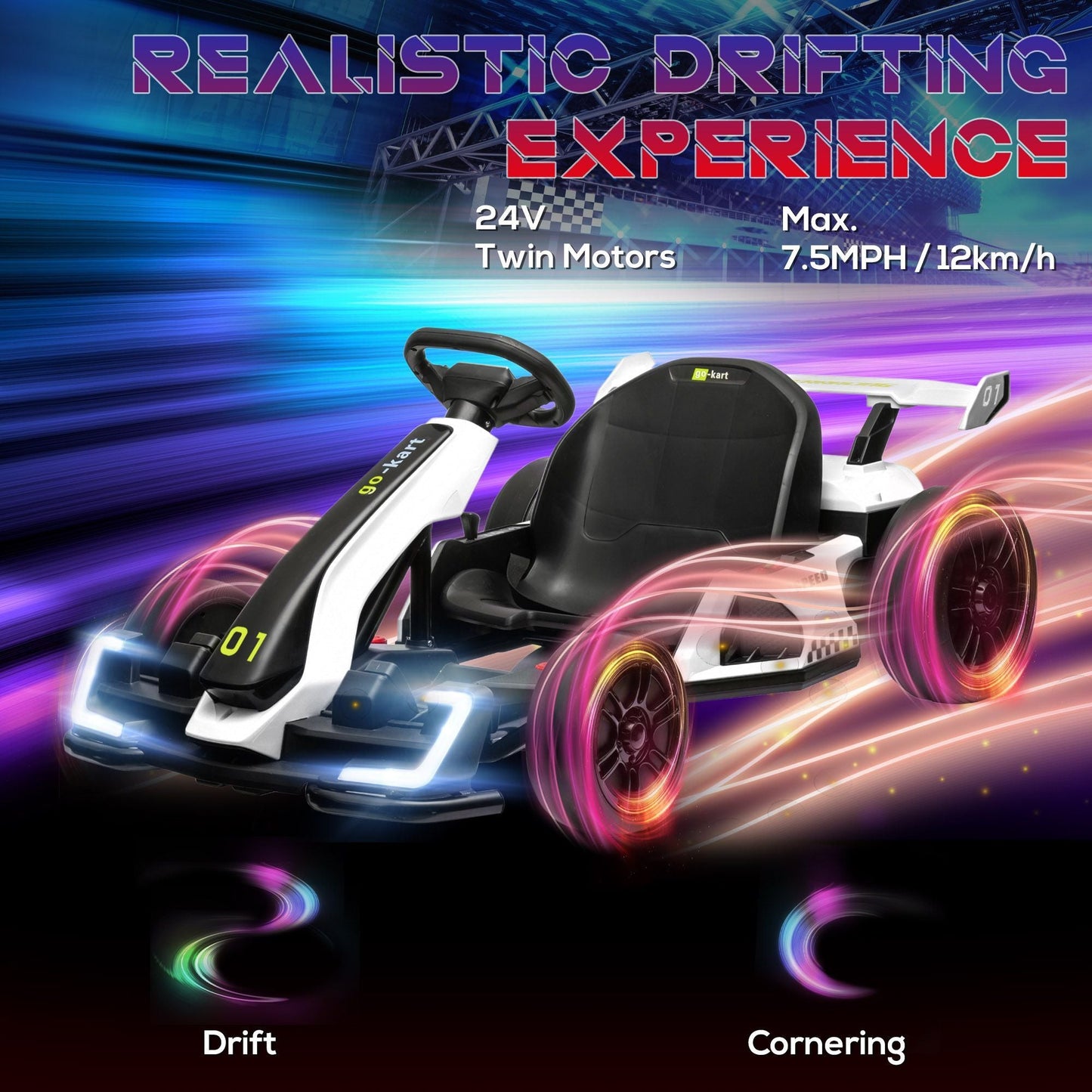 Aosom 24V 7.5 MPH Electric Go Kart with Adjustable Seat, Drifting Car Battery Powered Ride on Toy Outdoor with Slow Start, Button Start, Music, Honking Horn, Lights, for 6 - 12 Years Old, White - 7DAY'S