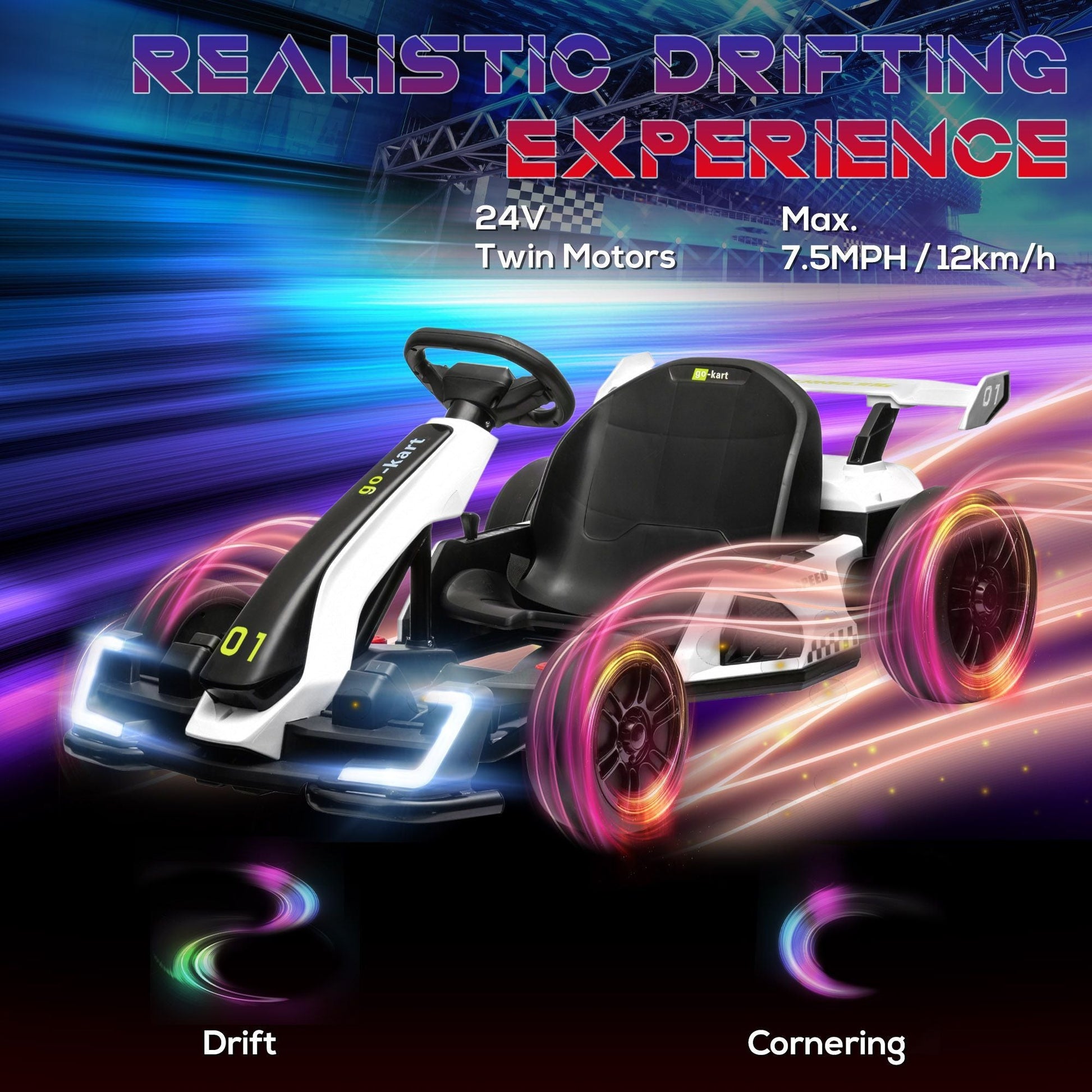 Aosom 24V 7.5 MPH Electric Go Kart with Adjustable Seat, Drifting Car Battery Powered Ride on Toy Outdoor with Slow Start, Button Start, Music, Honking Horn, Lights, for 6 - 12 Years Old, White - 7DAY'S