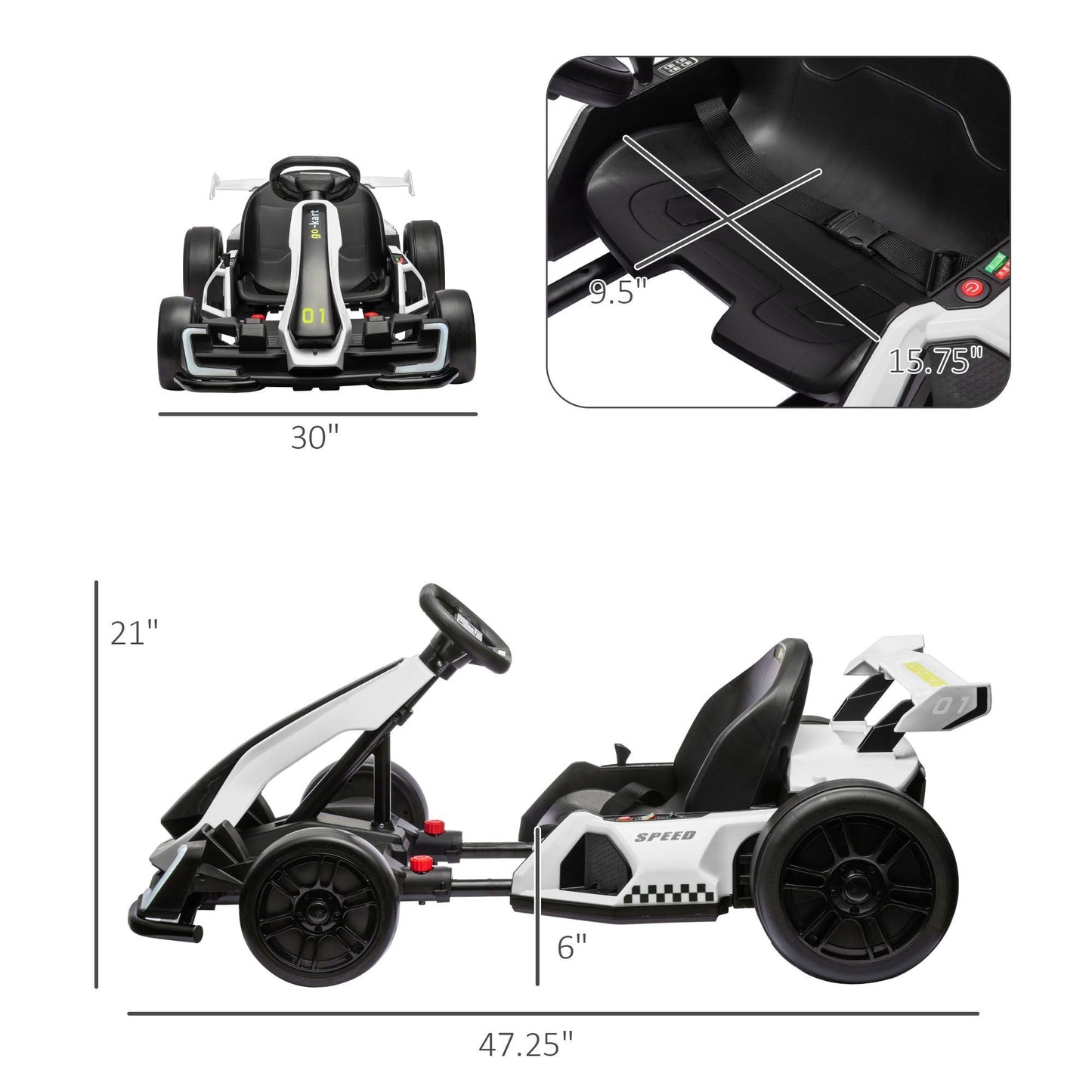 Aosom 24V 7.5 MPH Electric Go Kart with Adjustable Seat, Drifting Car Battery Powered Ride on Toy Outdoor with Slow Start, Button Start, Music, Honking Horn, Lights, for 6 - 12 Years Old, White - 7DAY'S
