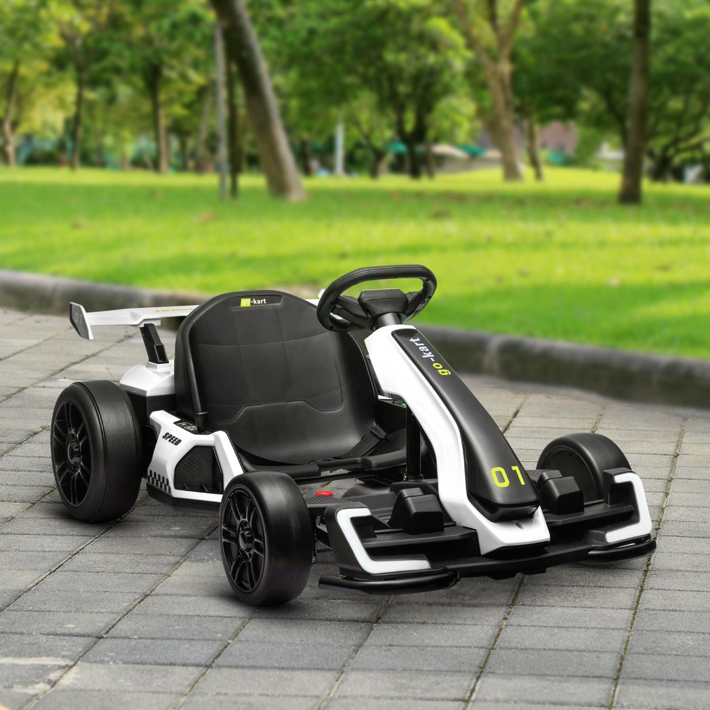 Aosom 24V 7.5 MPH Electric Go Kart with Adjustable Seat, Drifting Car Battery Powered Ride on Toy Outdoor with Slow Start, Button Start, Music, Honking Horn, Lights, for 6 - 12 Years Old, White - 7DAY'S