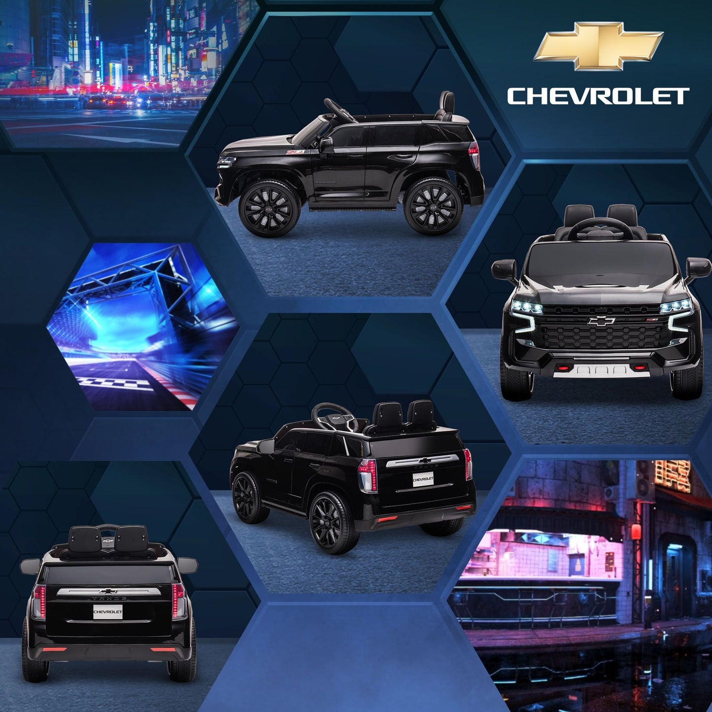 Aosom Chevrolet TAHOE Licensed Kids Ride on Car, 12V Battery Powered Kids Electric Car with Remote Control, Music, Lights, Horn, Suspension for 3 - 6 Years Old, Black - 7DAY'S