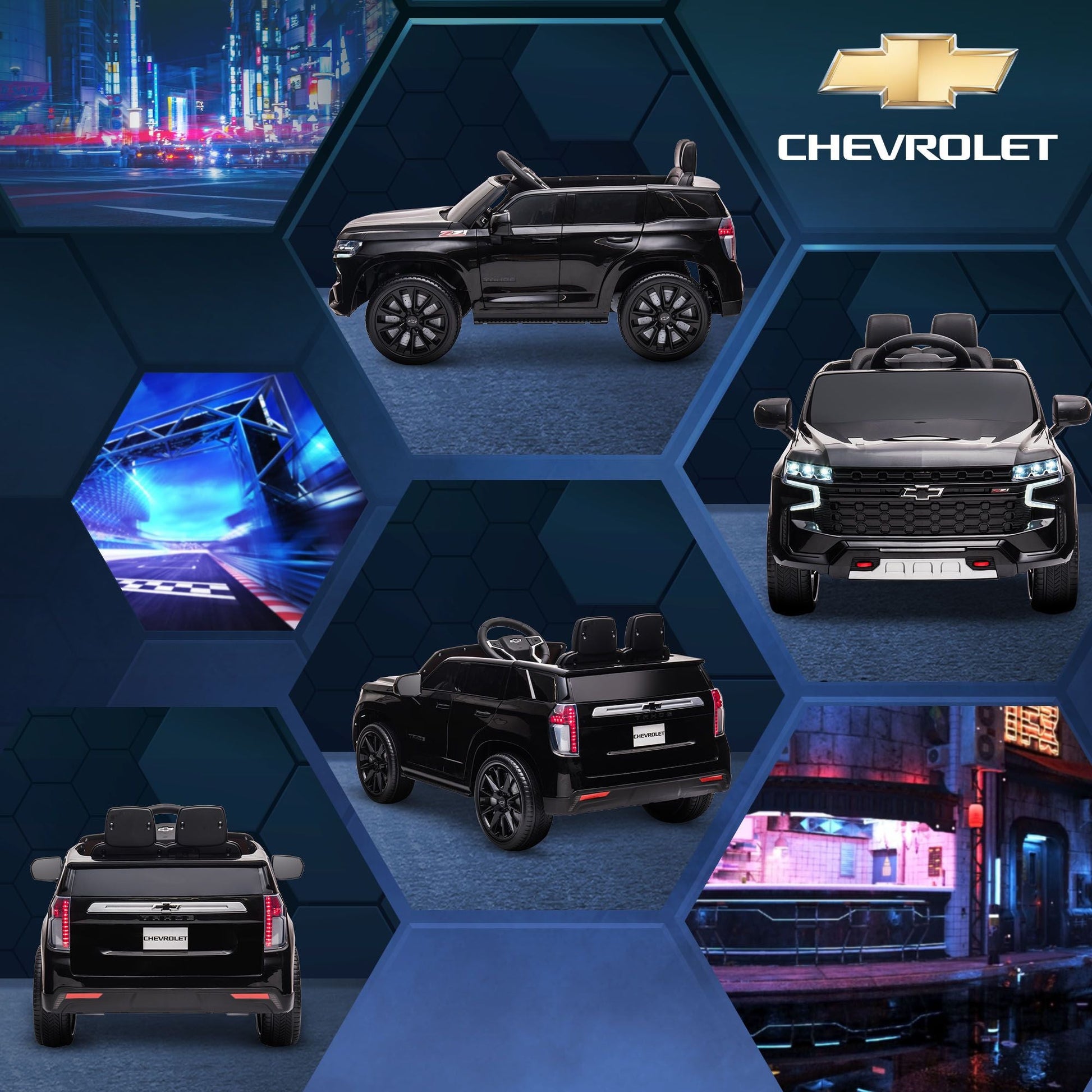 Aosom Chevrolet TAHOE Licensed Kids Ride on Car, 12V Battery Powered Kids Electric Car with Remote Control, Music, Lights, Horn, Suspension for 3 - 6 Years Old, Black - 7DAY'S
