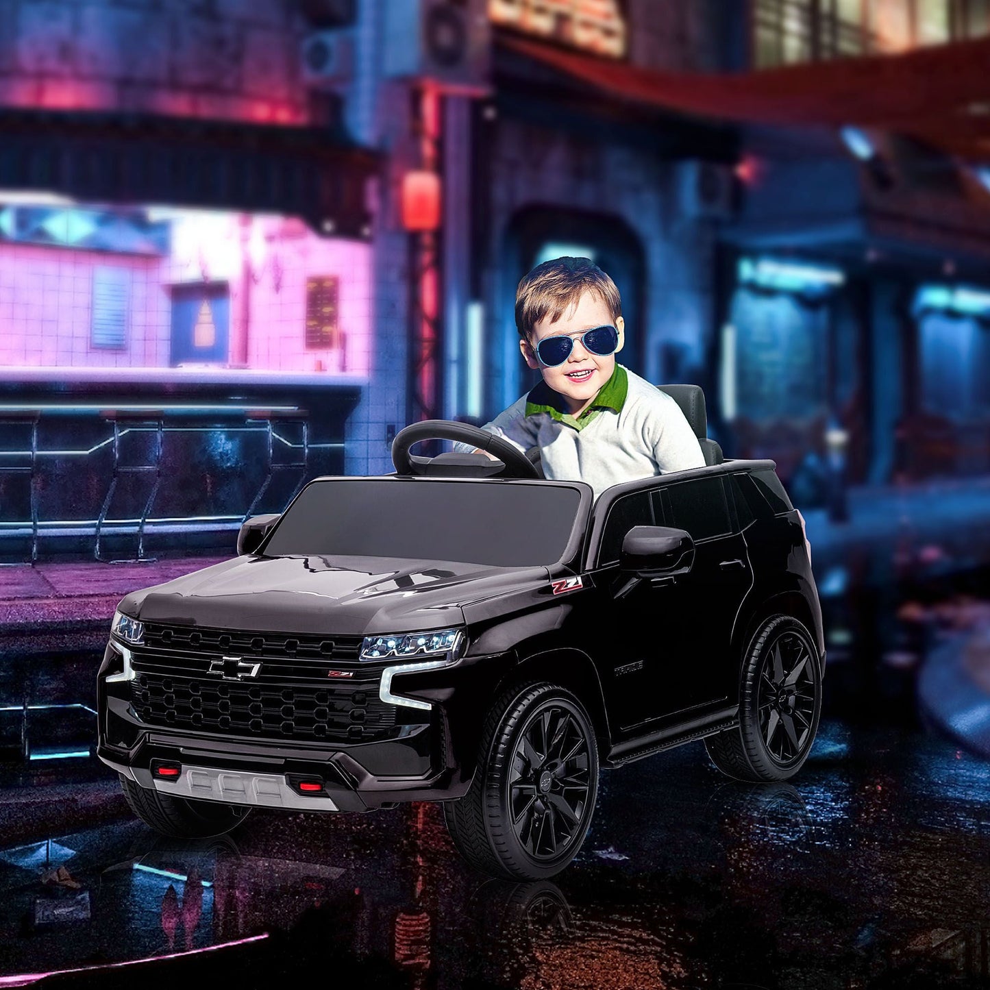Aosom Chevrolet TAHOE Licensed Kids Ride on Car, 12V Battery Powered Kids Electric Car with Remote Control, Music, Lights, Horn, Suspension for 3 - 6 Years Old, Black - 7DAY'S