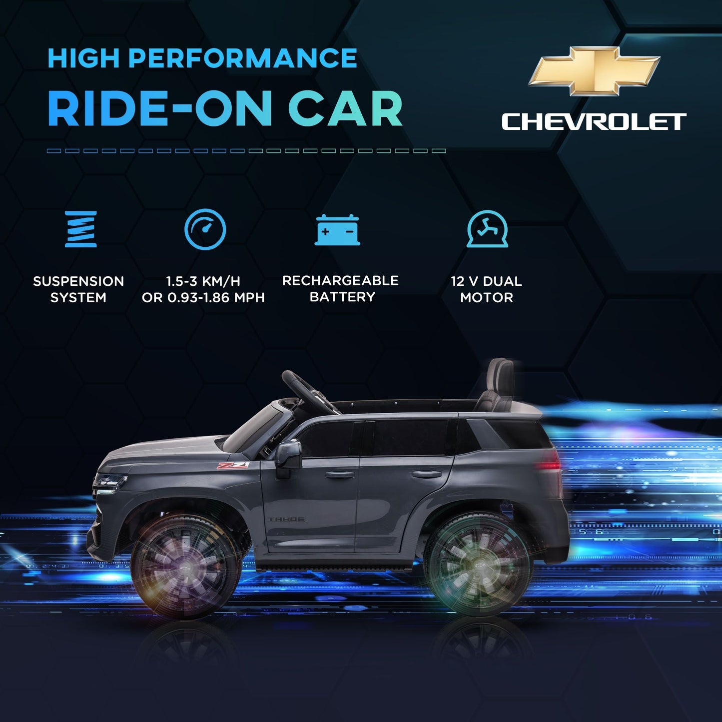 Aosom Chevrolet TAHOE Licensed Kids Ride on Car, 12V Battery Powered Kids Electric Car with Remote Control, Music, Lights, Horn, Suspension for 3 - 6 Years Old, Gray - 7DAY'S