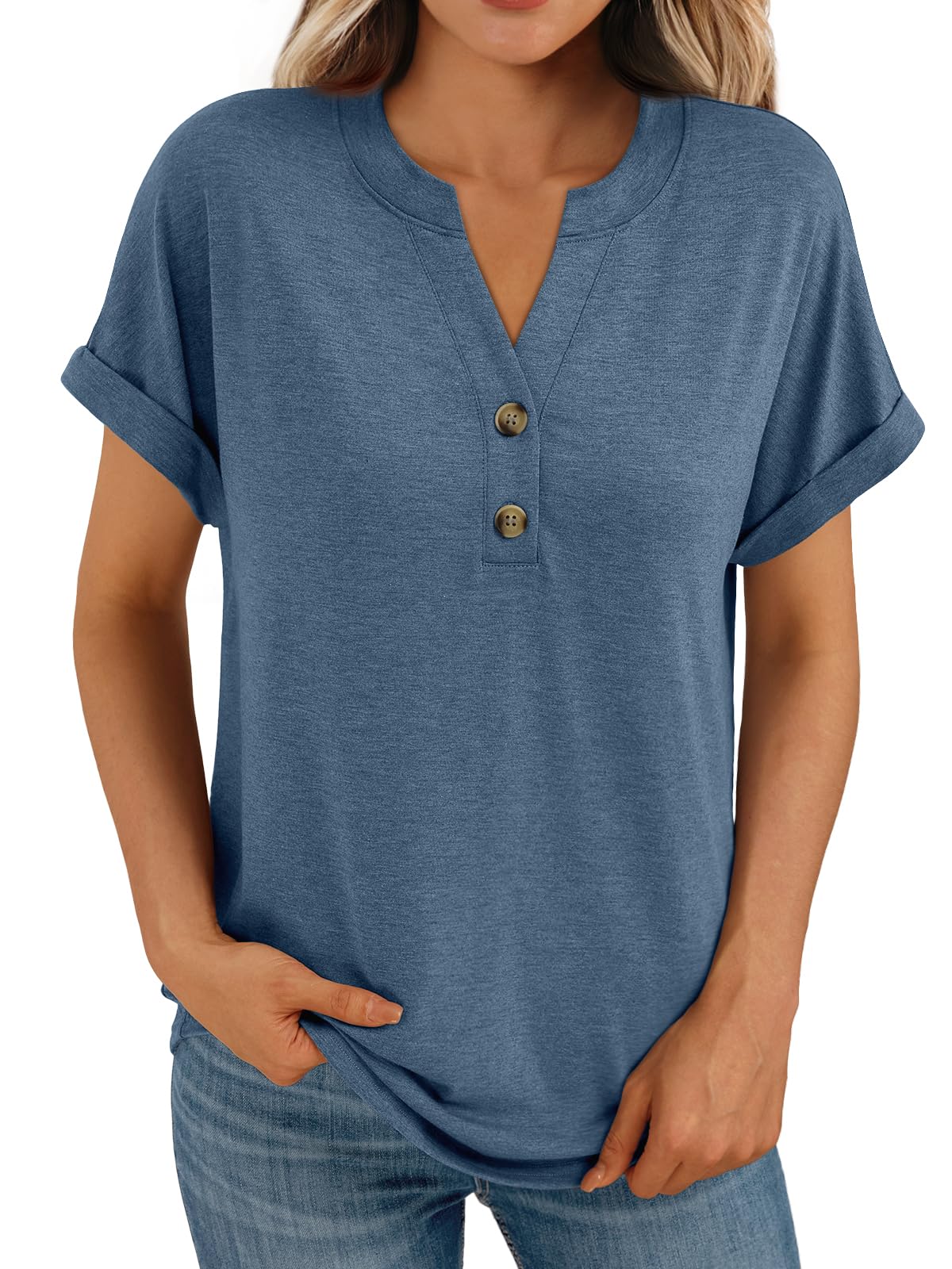 AUTOMET Women's Short Sleeve Shirts Henley Dressy Casual Summer Tops 2025 Trendy Blouses Cute T-Shirts Outfits Clothes - 7DAY'S