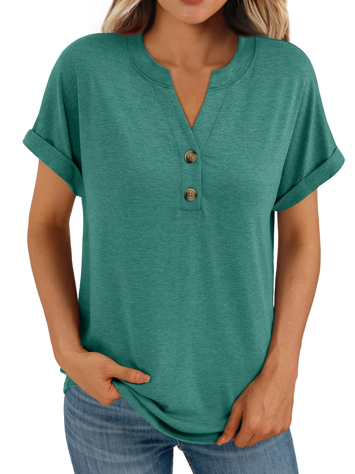 AUTOMET Women's Short Sleeve Shirts Henley Dressy Casual Summer Tops 2025 Trendy Blouses Cute T-Shirts Outfits Clothes - 7DAY'S