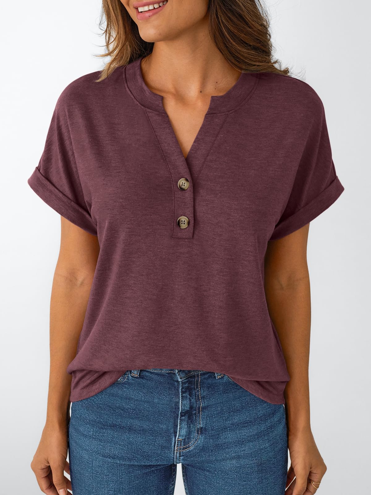 AUTOMET Women's Short Sleeve Shirts Henley Dressy Casual Summer Tops 2025 Trendy Blouses Cute T-Shirts Outfits Clothes - 7DAY'S