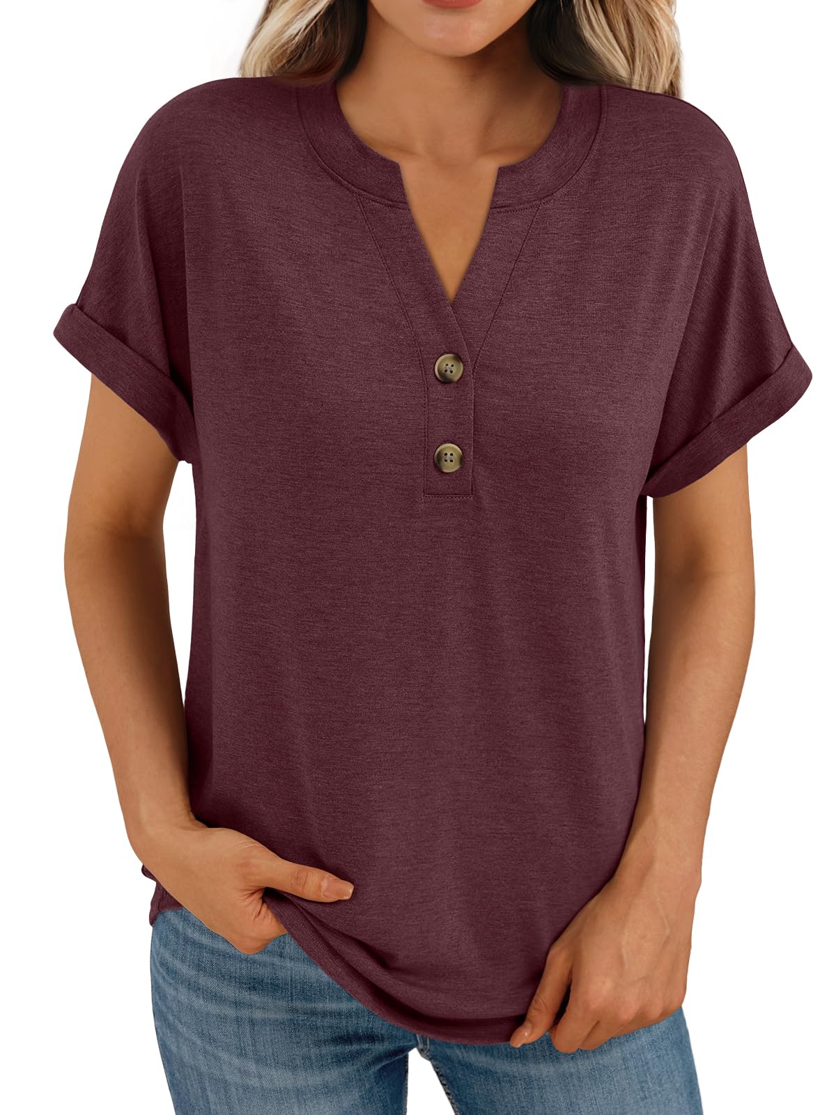 AUTOMET Women's Short Sleeve Shirts Henley Dressy Casual Summer Tops 2025 Trendy Blouses Cute T-Shirts Outfits Clothes - 7DAY'S