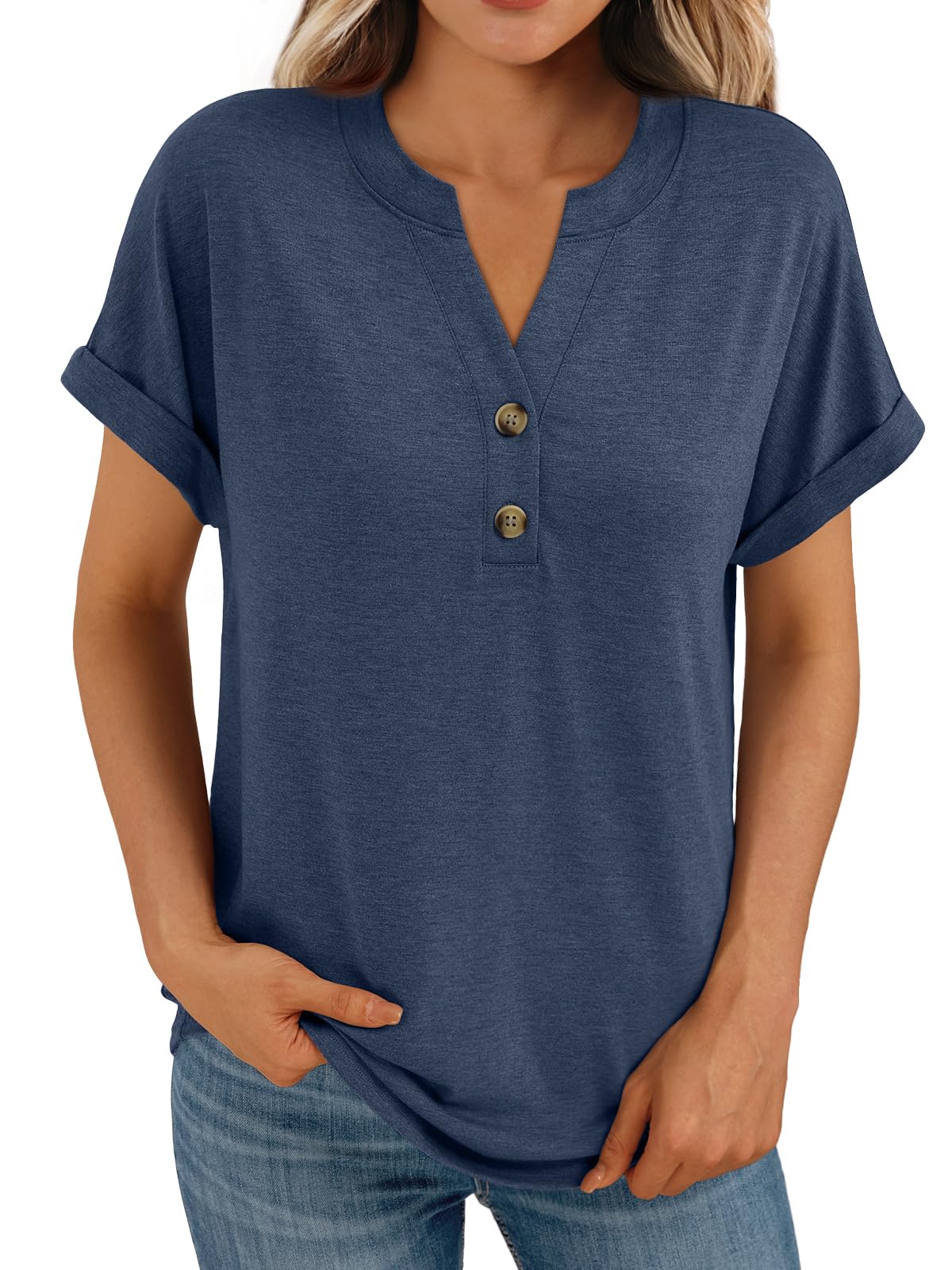 AUTOMET Women's Short Sleeve Shirts Henley Dressy Casual Summer Tops 2025 Trendy Blouses Cute T-Shirts Outfits Clothes - 7DAY'S