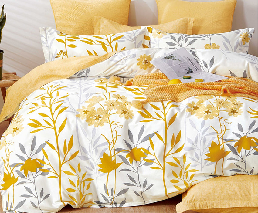 Autumn Yellow Floral 100% Cotton Reversible Comforter Set - 7DAY'S