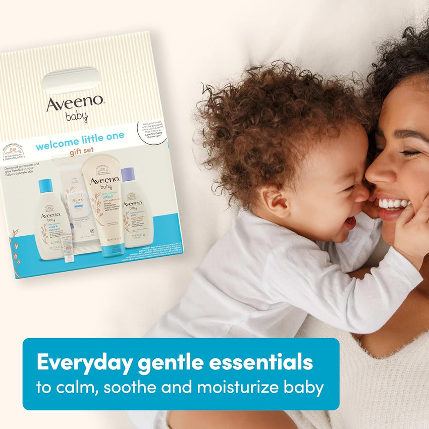 Aveeno Baby Welcome Little One Gift Set, Baby Skincare Set with Nourishing Baby Body Wash & Shampoo, Calming Bath Wash, All Over Baby Wipes, Daily Moisturizing Lotion, & Baby Balm, 5 Items - 7DAY'S
