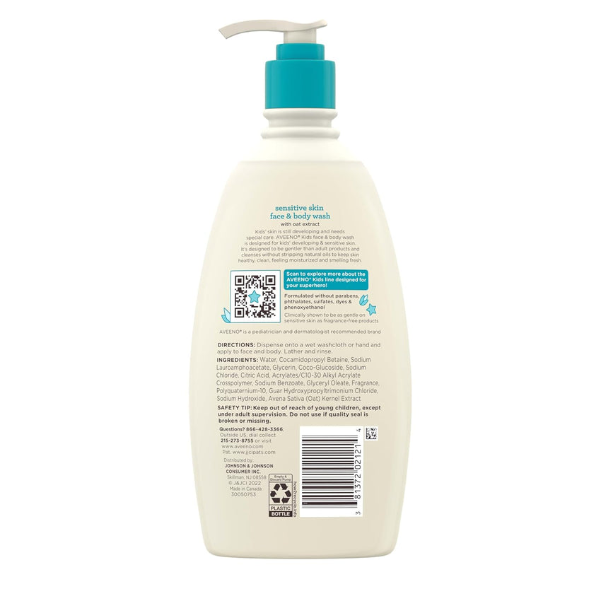 Aveeno Kids Sensitive Skin Face & Body Wash With Oat Extract, Gently Washes Away Dirt & Germs Without Drying, Tear - Free & Suitable for All Skin Tones, Hypoallergenic, 18 fl. oz - 7DAY'S