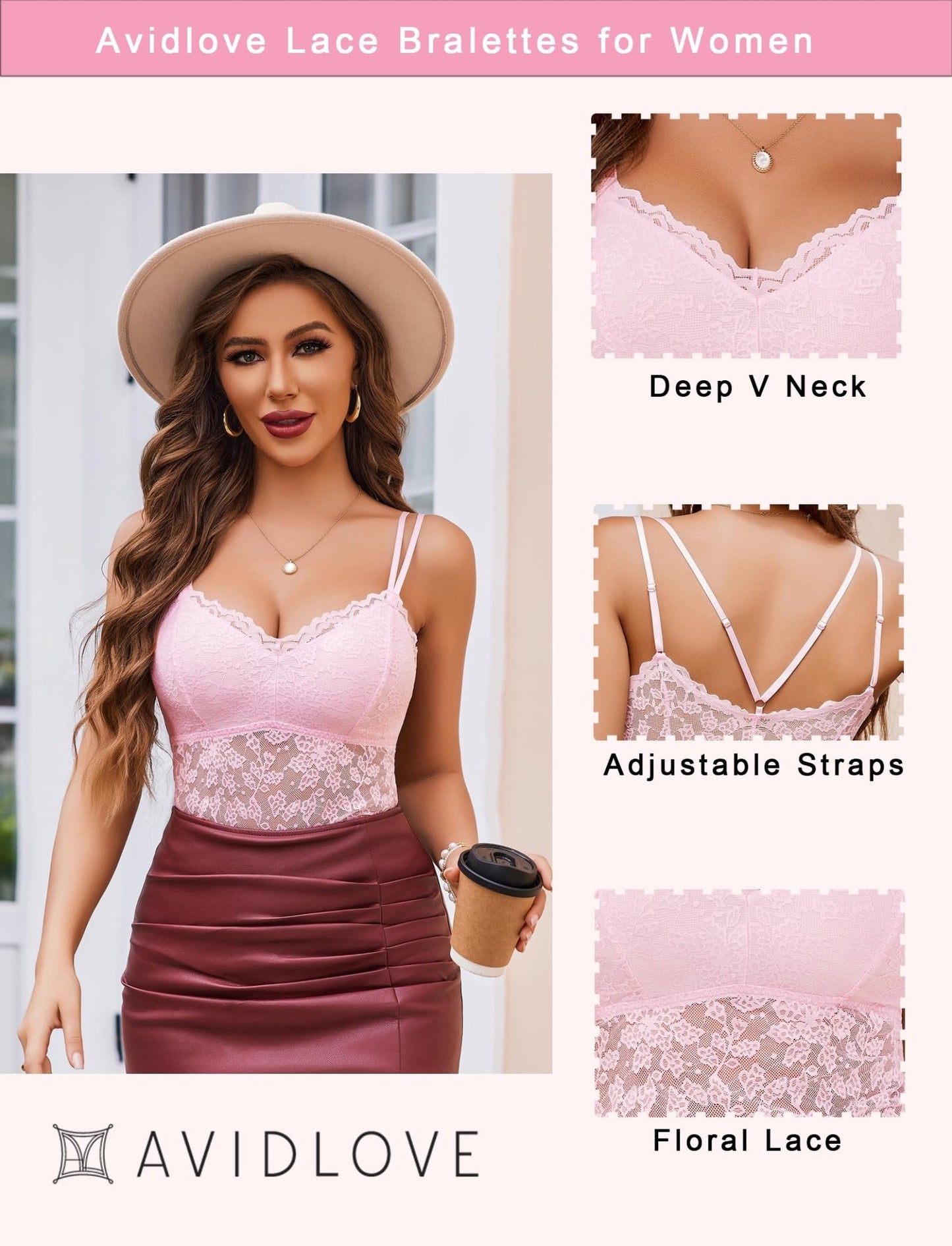 Avidlove Lace Bralette for Women V Neck Camisole Lingerie Spaghetti Strap Tube Slim Tank Top - 7DAY'S