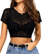 Avidlove Mesh Crop Top for Women Short Sleeve Bodycon Tees Y2k See Through Blouse O Neck Clubwear - 7DAY'S
