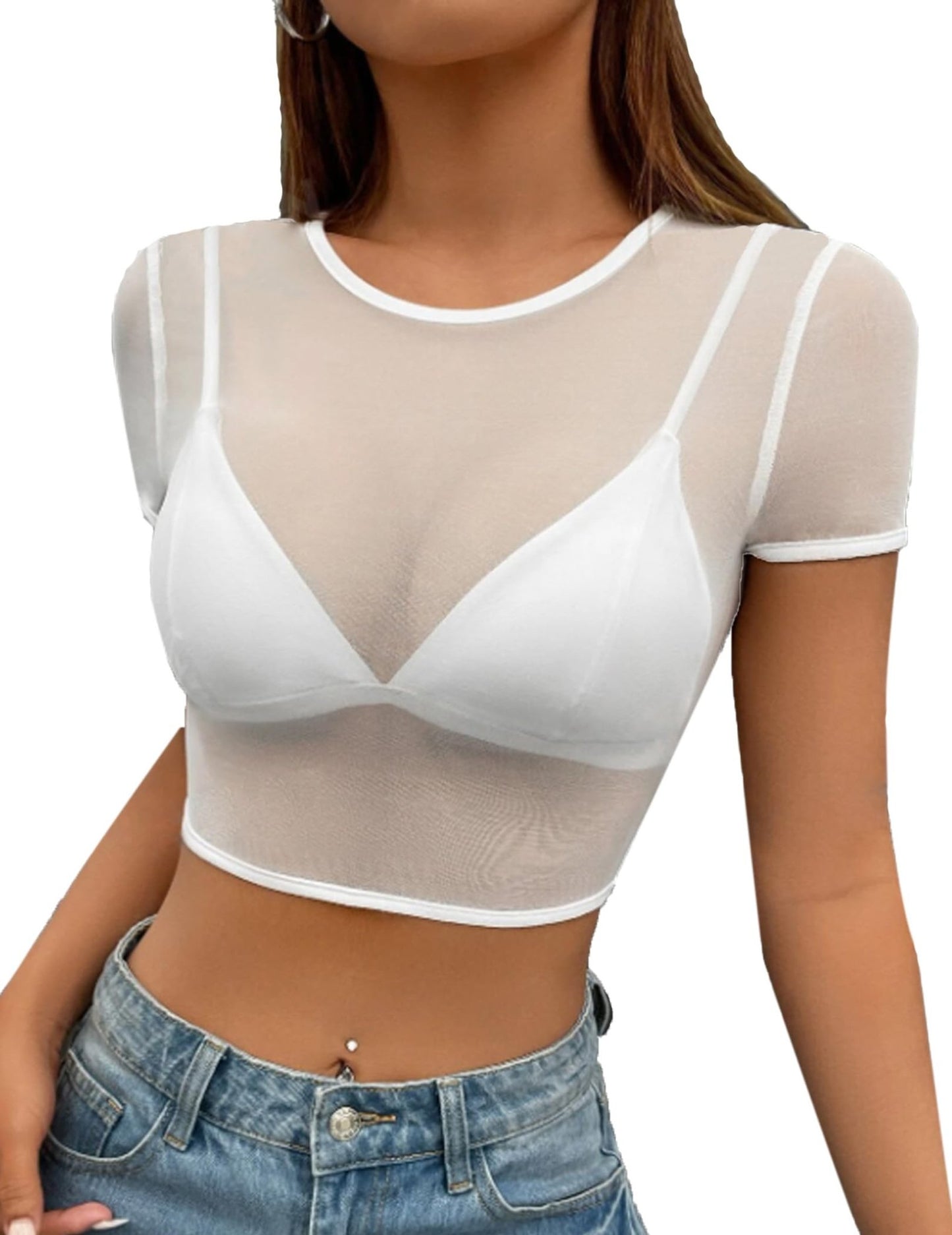 Avidlove Mesh Crop Top for Women Short Sleeve Bodycon Tees Y2k See Through Blouse O Neck Clubwear - 7DAY'S