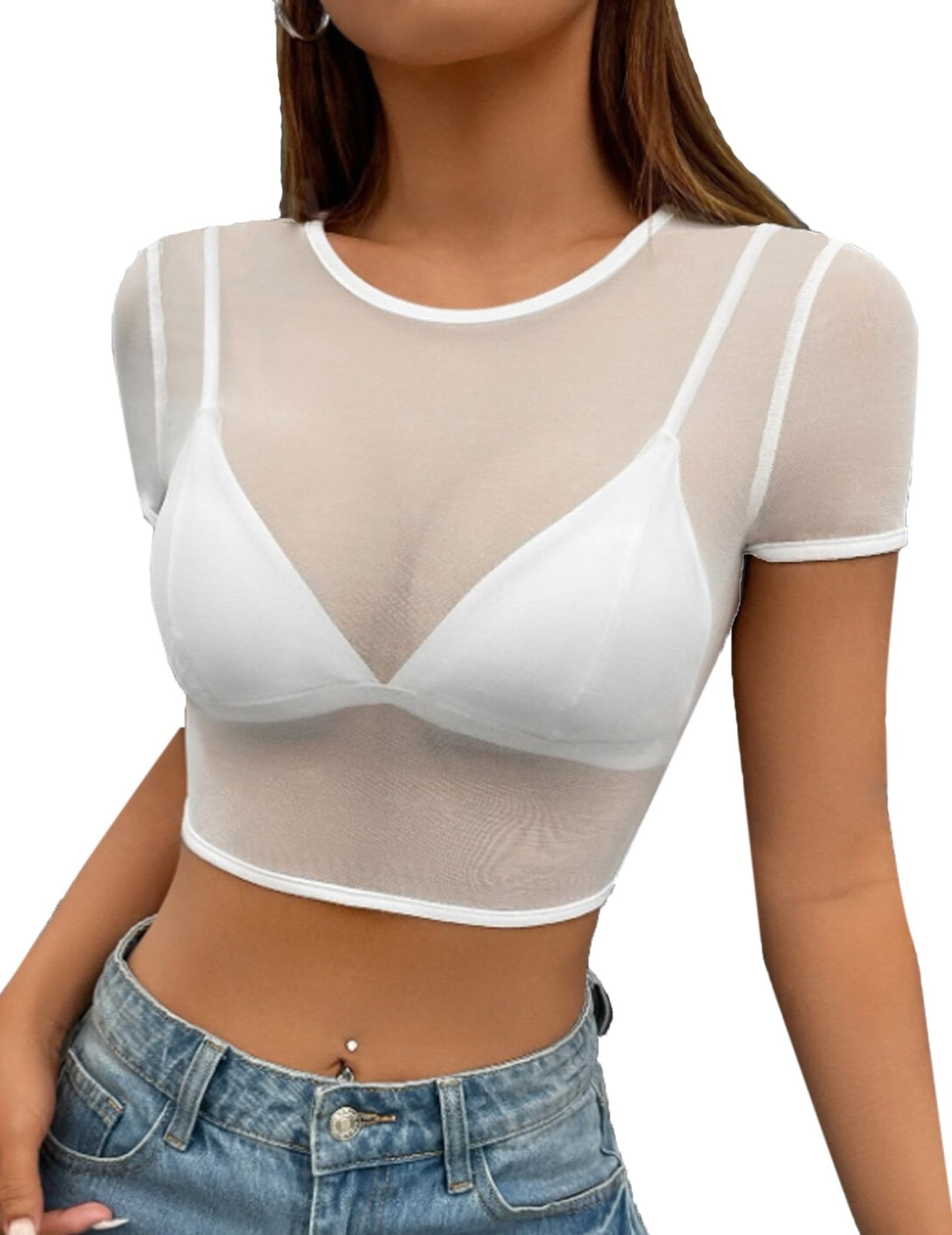 Avidlove Mesh Crop Top for Women Short Sleeve Bodycon Tees Y2k See Through Blouse O Neck Clubwear - 7DAY'S