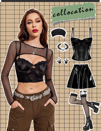 Avidlove Women Fishnet Long Sleeve Crop Top See Through Shirt Sheer Blouse Sexy Outfits - 7DAY'S