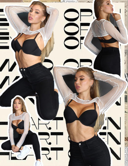 Avidlove Women Fishnet Long Sleeve Crop Top See Through Shirt Sheer Blouse Sexy Outfits - 7DAY'S