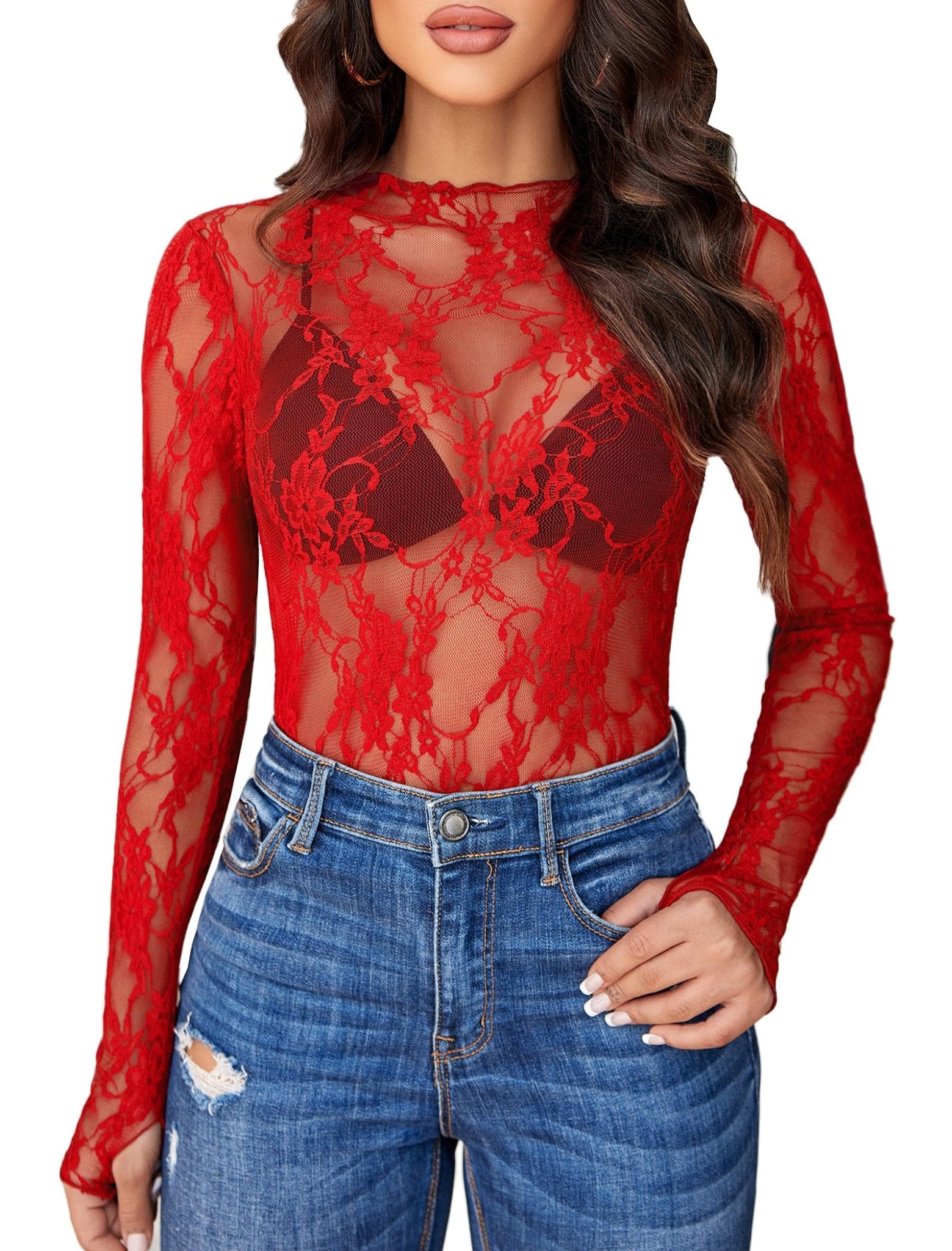 Avidlove Women's Mesh Top Long Sleeve Mock Neck Sheer Blouse See Through Floral Lace Tops - 7DAY'S