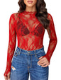 Avidlove Women's Mesh Top Long Sleeve Mock Neck Sheer Blouse See Through Floral Lace Tops - 7DAY'S