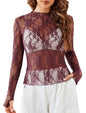 Avidlove Women's Mesh Top Long Sleeve Mock Neck Sheer Blouse See Through Floral Lace Tops - 7DAY'S