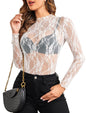 Avidlove Women's Mesh Top Long Sleeve Mock Neck Sheer Blouse See Through Floral Lace Tops - 7DAY'S