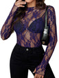 Avidlove Women's Mesh Top Long Sleeve Mock Neck Sheer Blouse See Through Floral Lace Tops - 7DAY'S