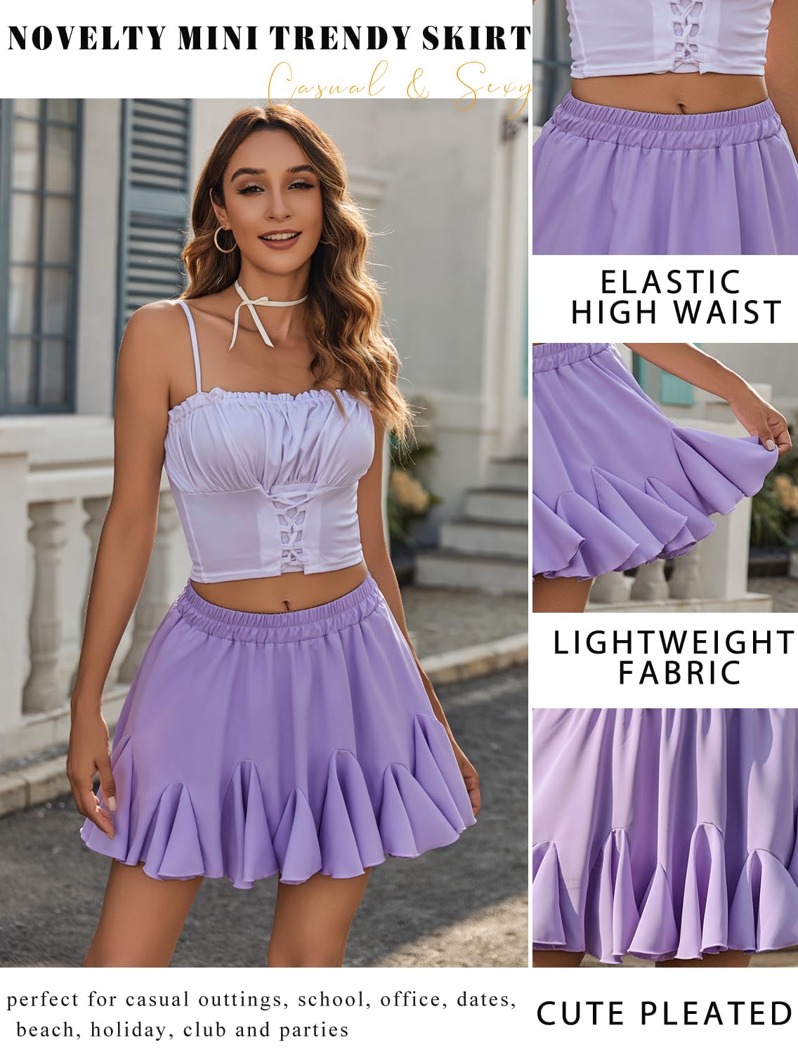 Avidlove Women's Pleated Skater Skirt Basic Casual High Waisted Ruffles Flared Mini Lingerie Skirts - 7DAY'S