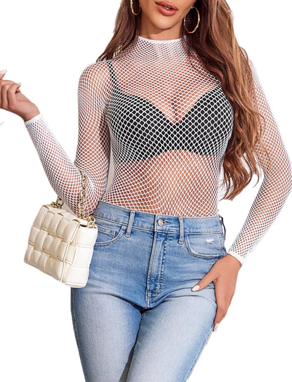 Avidlove Women's Sexy Fishnet Mesh Long Sleeve Tops Mock Neck Sheer Lace See - Through Blouse Bodycon Clubwear Party Tops - 7DAY'S