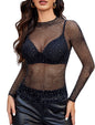 Avidlove Women's Sexy Fishnet Mesh Long Sleeve Tops Mock Neck Sheer Lace See - Through Blouse Bodycon Clubwear Party Tops - 7DAY'S