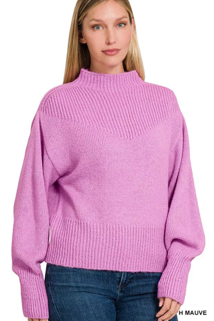 Zenana Balloon Sleeve Mock Neck Sweater
