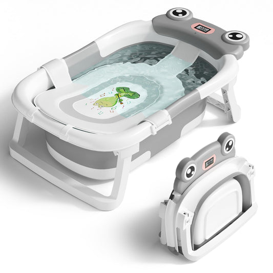 Baby Bathtub, Collapsible Newborn Bathtub for Infant to Toddler 0 - 24 Months with Soft Cushion and Thermometer,Portable Travel Newborn Tub with No - Slip Feet, Baby Shower Gifts,Green - 7DAY'S
