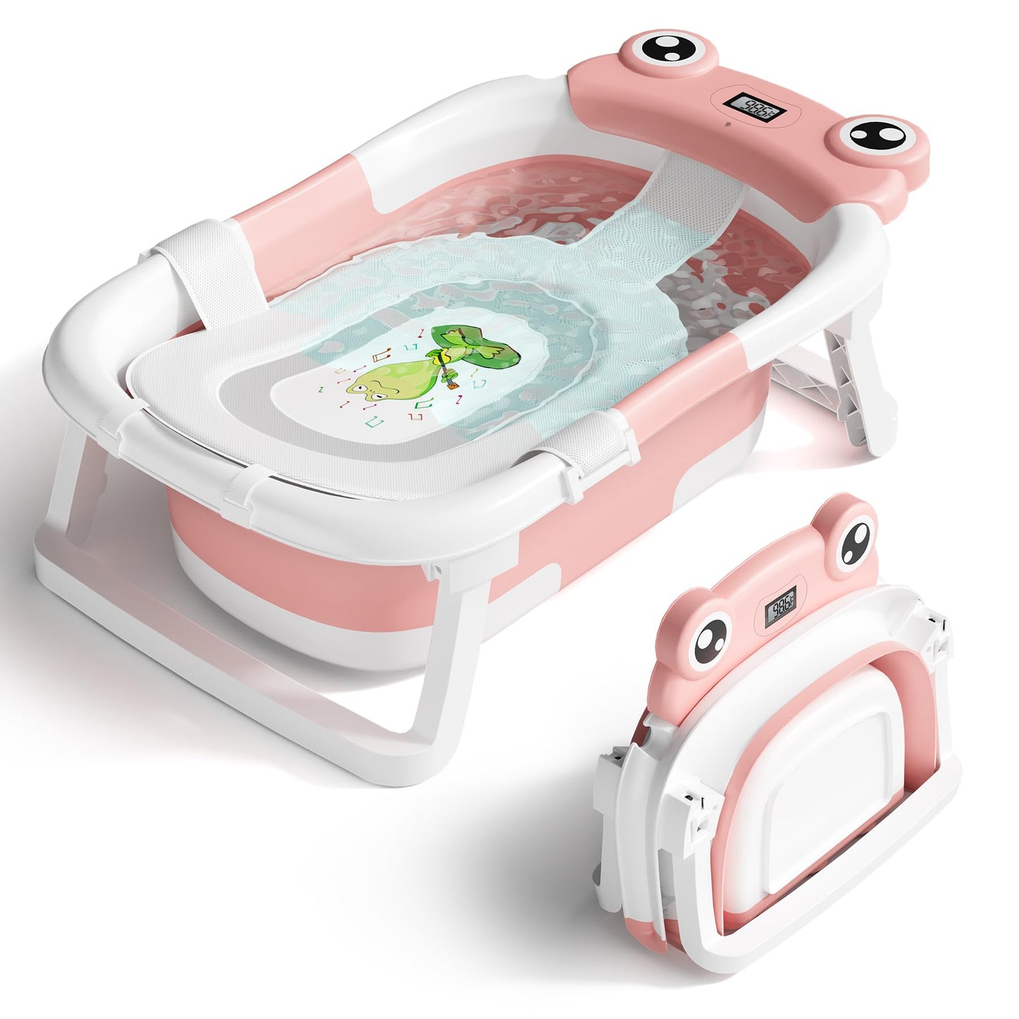 Baby Bathtub, Collapsible Newborn Bathtub for Infant to Toddler 0 - 24 Months with Soft Cushion and Thermometer,Portable Travel Newborn Tub with No - Slip Feet, Baby Shower Gifts,Green - 7DAY'S