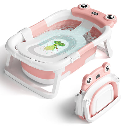 Baby Bathtub, Collapsible Newborn Bathtub for Infant to Toddler 0 - 24 Months with Soft Cushion and Thermometer,Portable Travel Newborn Tub with No - Slip Feet, Baby Shower Gifts,Green - 7DAY'S