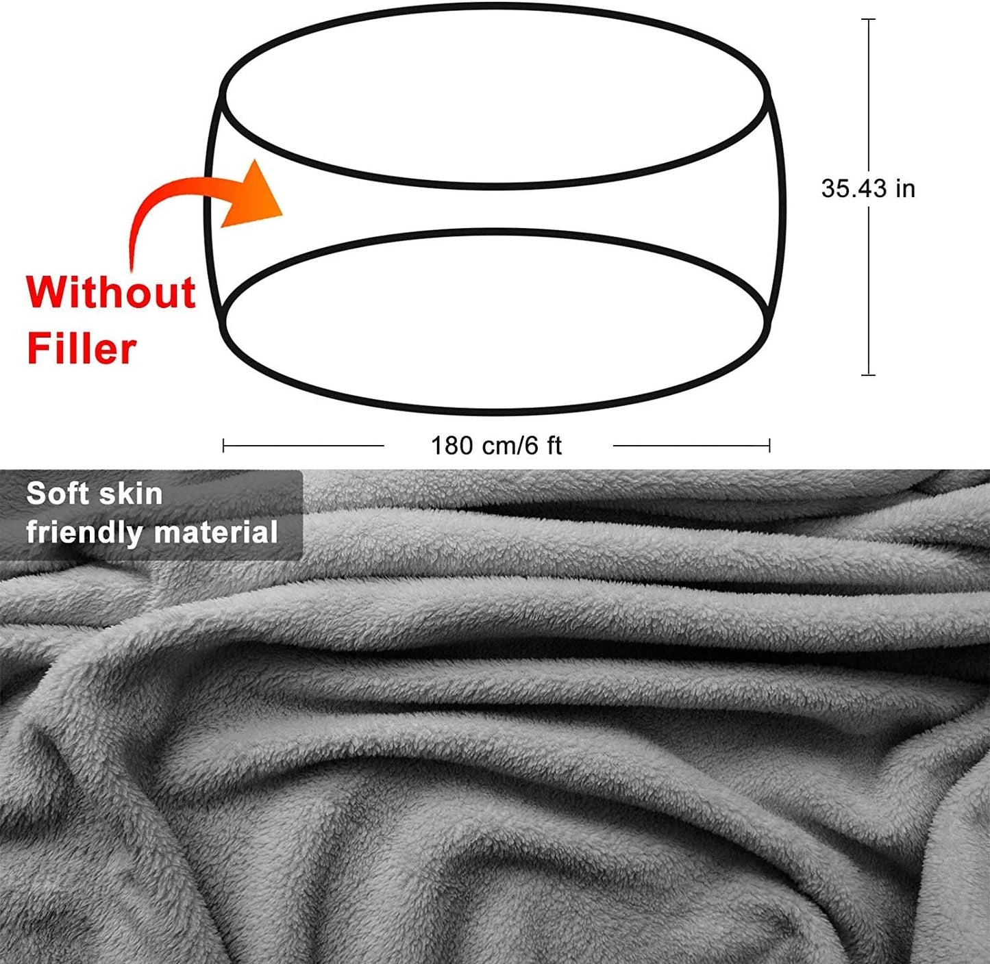 Bag Chair Cover(it was only a Cover; not a Full Bean Bag) Chair Cushion; Big Round Soft Fluffy PV Velvet Sofa Bed Cover; Living Room Furniture; Lazy Sofa Bed Cover; 5ft Light Grey - 7DAY'S