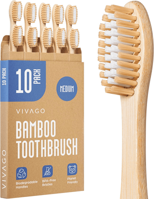 Bamboo Toothbrushes Medium Bristles 10 Pack - BPA Free Medium Bristles Toothbrushes for Adults | Eco-Friendly, Compostable & Biodegradable Toothbrush | Natural Wooden Toothbrushes